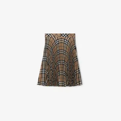 Burberry Pleated Check Wool Blend Skirt In Linden