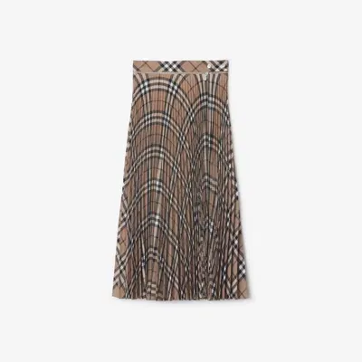 Burberry Pleated Check Wool Blend Skirt In Linden