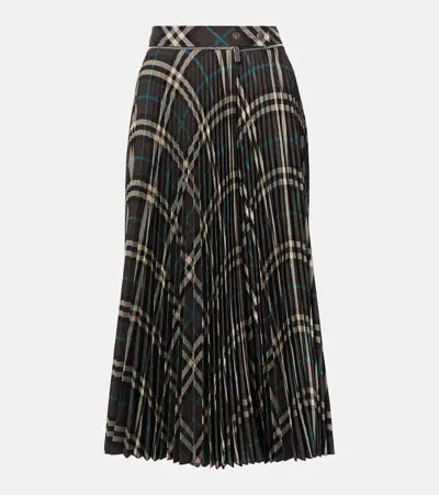 Burberry Pleated Checked Midi Skirt In Green