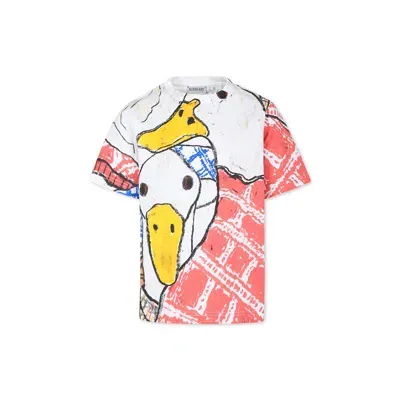 Burberry Kids' Red T-shirt For Girl With Geese Print In White