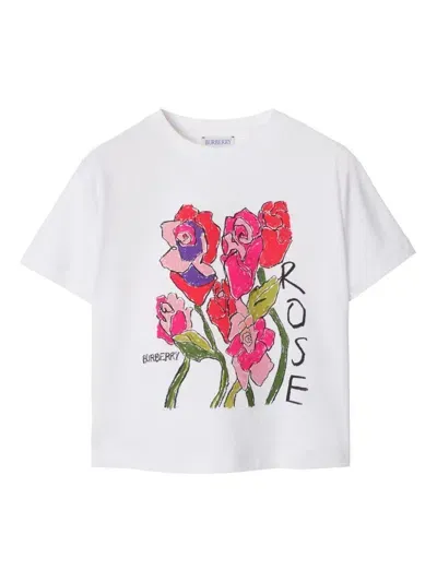 Burberry Kids' Rose-print T-shirt In White