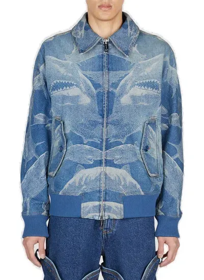 Burberry Shark Printed Zipped Denim Jacket In Navy