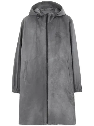 Burberry Single-breasted Hooded Coat In Grey