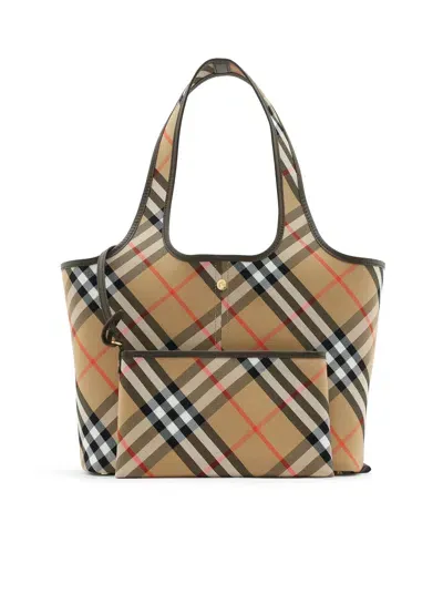 Burberry Small Check Tote In Brown