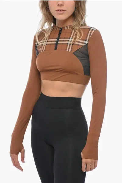 Burberry Tartan Crop Top With Mesh Inserts In Brown