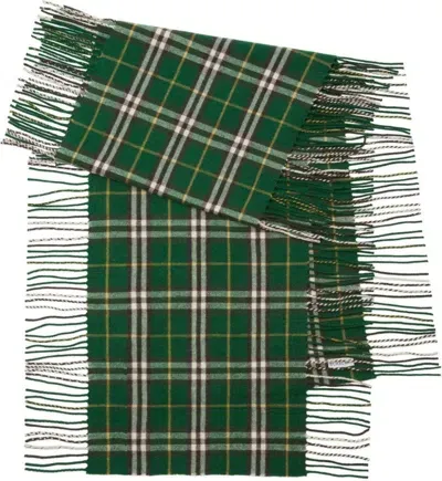 Burberry Checked Cashmere Fringed Scarf In Green