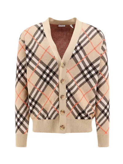 Burberry Wool And Mohair Cardigan With Check Motif In Cream