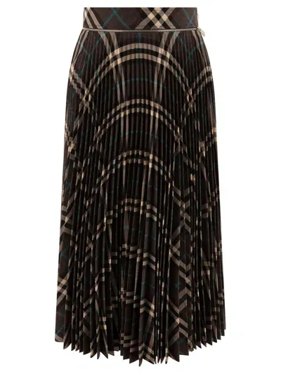 Burberry Wool Blend Pleated Check Skirt In Grey