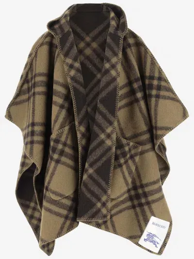 Burberry Wool Cape With Check Pattern In Red