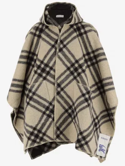 Burberry Wool Cape With Check Pattern In Candle