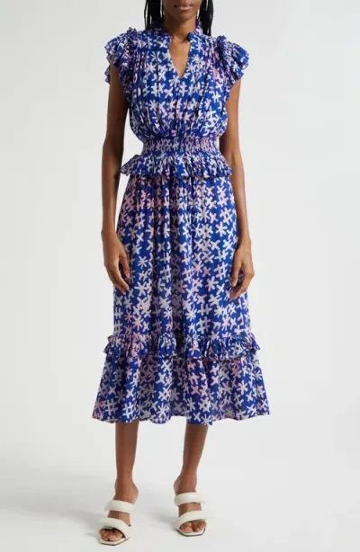 Busayo Bukola Tiered Midi Dress In Blue/pink Multi