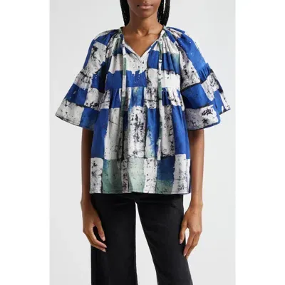 Busayo Dayo Patchwork Cotton Top In White Blue