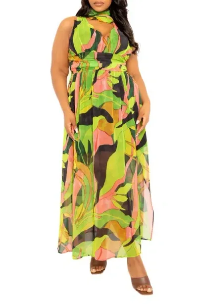 Buxom Couture Abstract Print Maxi Dress In Green Multi