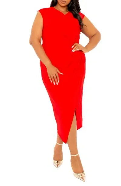 Buxom Couture Asymmetric Button Detail Faux Wrap Midi Dress In Red