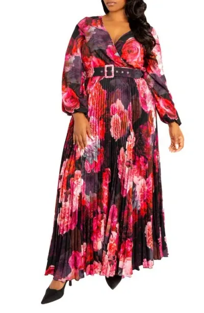 Buxom Couture Floral Long Sleeve Pleated Maxi Dress In Black Multi