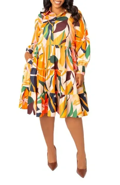 Buxom Couture Floral Long Sleeve Shirtdress In Beige Multi