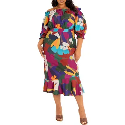 Buxom Couture Floral Off-the-shoulder Fit & Flare Dress In Brown Multi