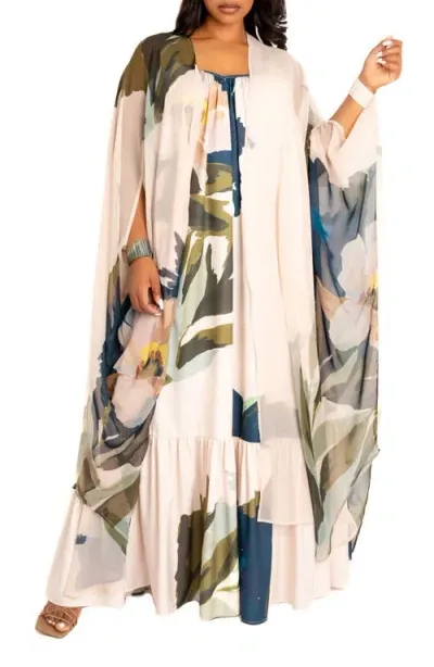 Buxom Couture Floral Robe With Wristband In Beige Multi