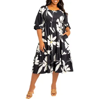 Buxom Couture Floral Smocked Midi Dress In Black Multi