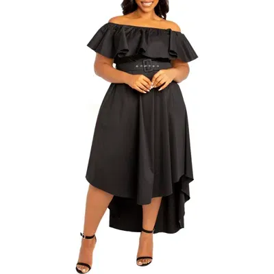 Buxom Couture Flounce Off The Shoulder High-low Dress In Black