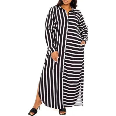 Buxom Couture Long Sleeve Button-up Maxi Shirtdress In Black Stripe