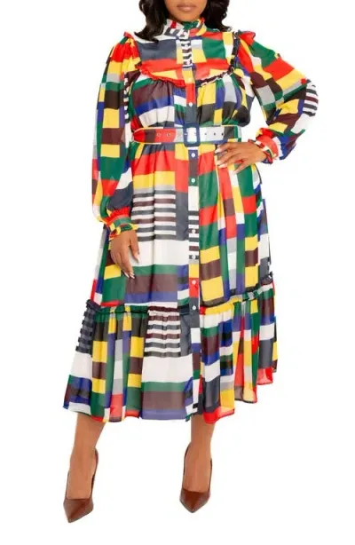 Buxom Couture Plaid Ruffle Bib Belted Long Sleeve Maxi Dress In White/multi-color