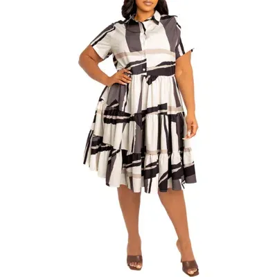 Buxom Couture Print Tiered Shirtdress In Beige Multi