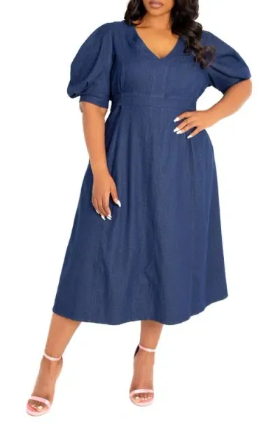 Buxom Couture Puff Sleeve Denim Midi Dress In Denim Blue