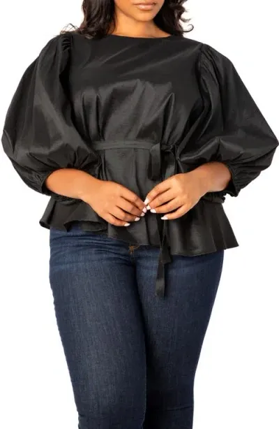 Buxom Couture Tie Waist Voluminous Elbow Sleeve Taffeta Peplum Top In Black