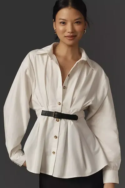 By Anthropologie Belted Buttondown Shirt In White