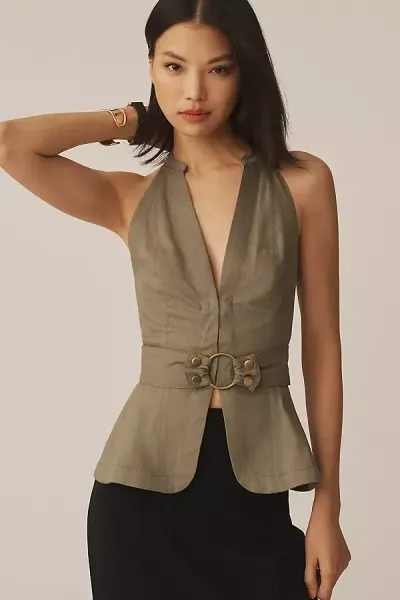 By Anthropologie Belted Halter Open-back Top In Green