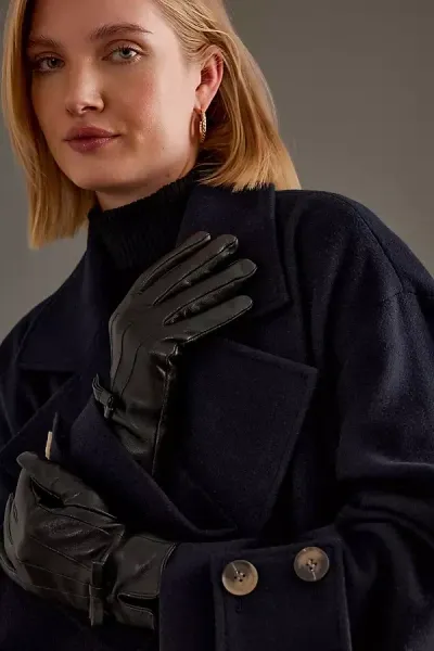 By Anthropologie Bow Leather Gloves In Black