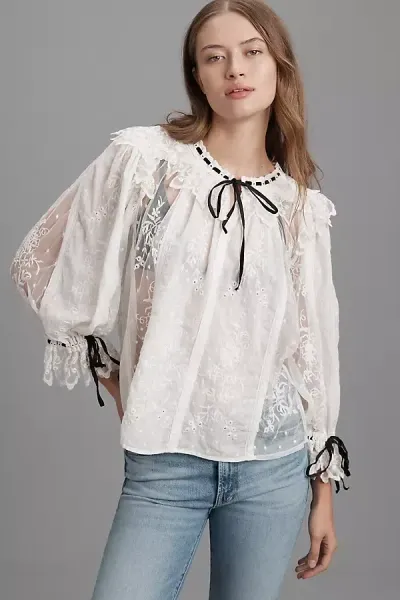 By Anthropologie Coquette Collared Sheer Blouse In White