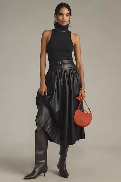 By Anthropologie Faux-leather Pleated Midi Skirt In Black