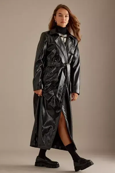 By Anthropologie High-shine Trench Coat In Black