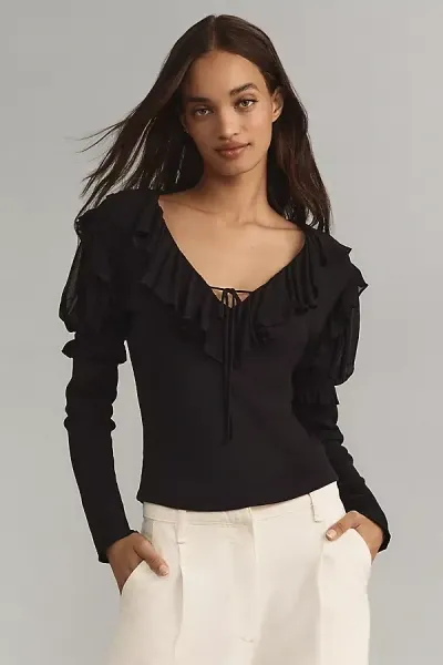 By Anthropologie Long-sleeve Ruffle Top In Black