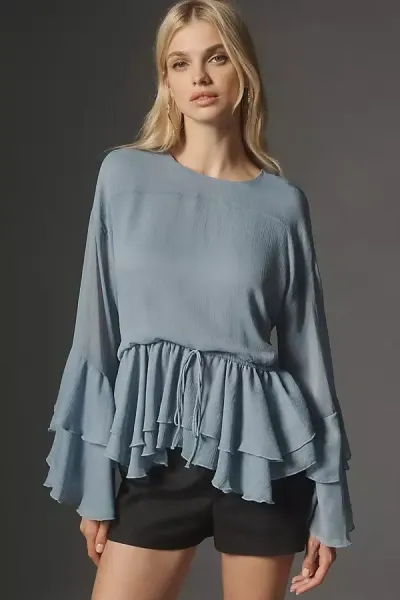 By Anthropologie Long-sleeve Ruffled Tunic Blouse In Blue