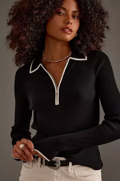 By Anthropologie Luna Long-sleeve Polo Top In Black