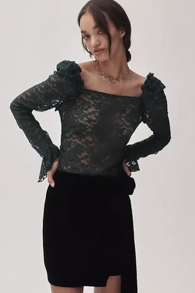 By Anthropologie Puff-shoulder Lace Top In Green