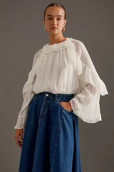 By Anthropologie Ruffled Blouse In White