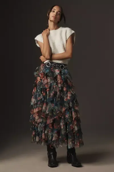 By Anthropologie The Chéri Ruffled Tulle Midi Skirt  In Multicolor