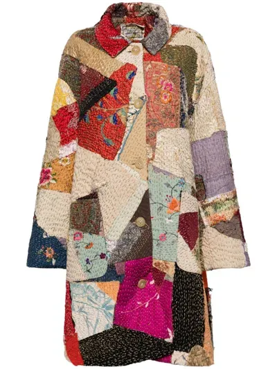 By Walid Floral-embroidered Patchwork Coat In Brown