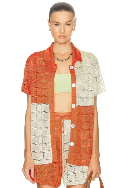 Calle Del Mar For Fwrd Two Tone Short Sleeve Patchwork Shirt In Tomato & Jasmine