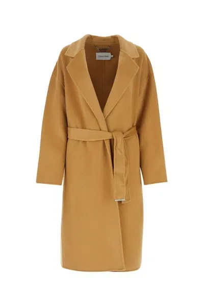 Calvin Klein Drop Shoulder Belted Coat In Beige