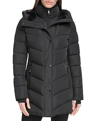 Calvin Klein Faux Fur Trim Puffer Coat In Black