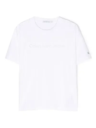 Calvin Klein Kids' Logo-embroidered Round-neck T-shirt In White