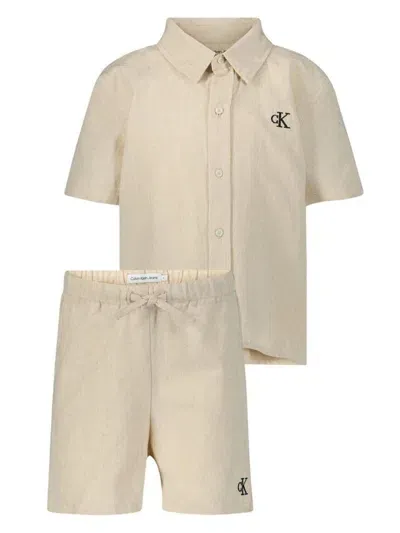 Calvin Klein Babies' Logo Embroidered Shirt And Shorts In Neutrals