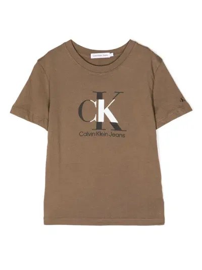 Calvin Klein Kids' Logo-print Cotton T-shirt In Brown