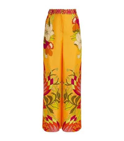 Camilla Silk Floral Wide-leg Trousers In Yellow