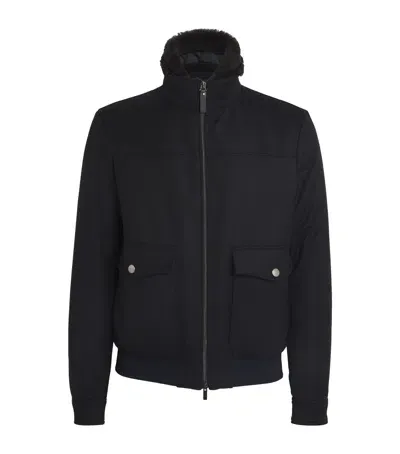 Canali Shearling-lined Bomber Jacket In Navy